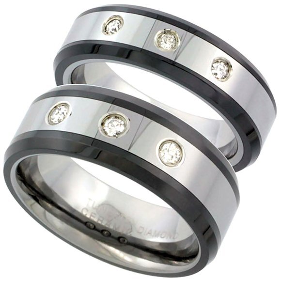 2-Ring Set 6 & 8mm Black Tungsten 3 stones Diamond Wedding Band set Him her